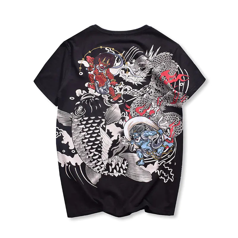 Embroidered Thunder God and Koi Short Sleeve Shirts