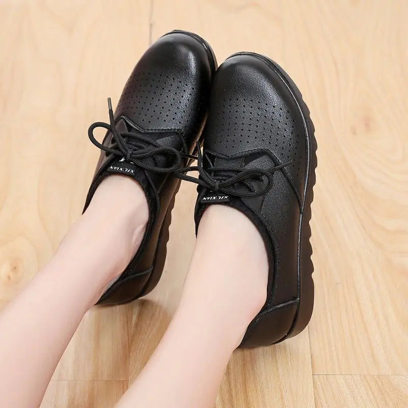 Women's Work Shoes, Flat Black Leather Shoes