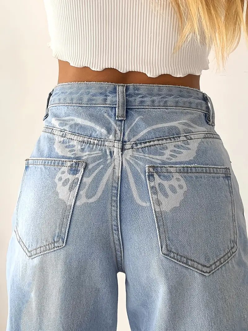 Blue Butterfly Print High Waist Loose Fit Jeans for Women - ProLector