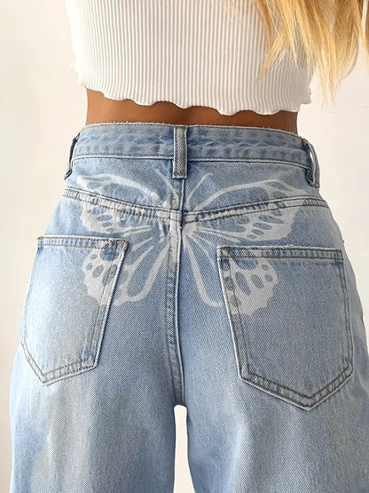 Blue Butterfly Print High Waist Loose Fit Jeans for Women - ProLector