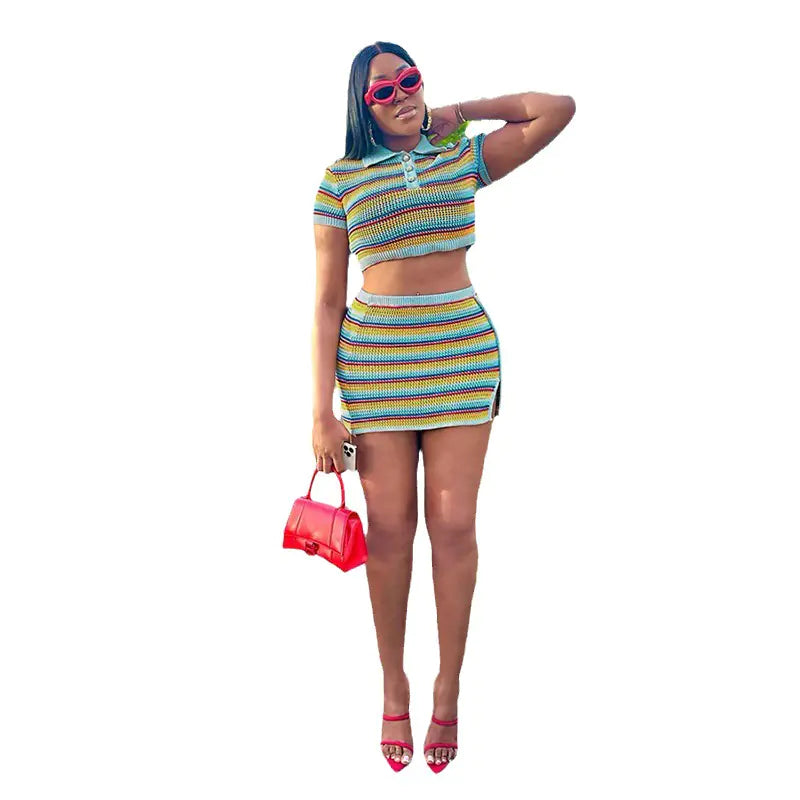 Fashionable Striped Color Block Cropped Dress for Women