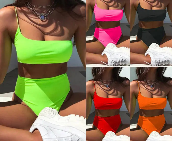 High Waist Solid Color Bikini - Women's One Shoulder Set - ProLector