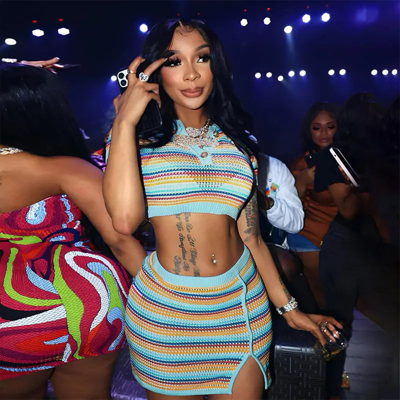 Fashionable Striped Color Block Cropped Dress for Women