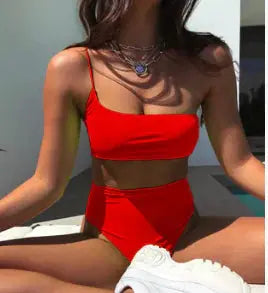 High Waist Solid Color Bikini - Women's One Shoulder Set - ProLector
