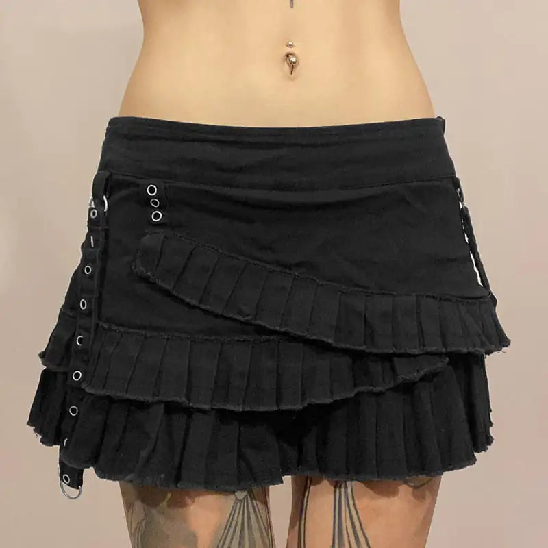 Irregular Pleated Denim Skirt with Metal Buckle - ProLector