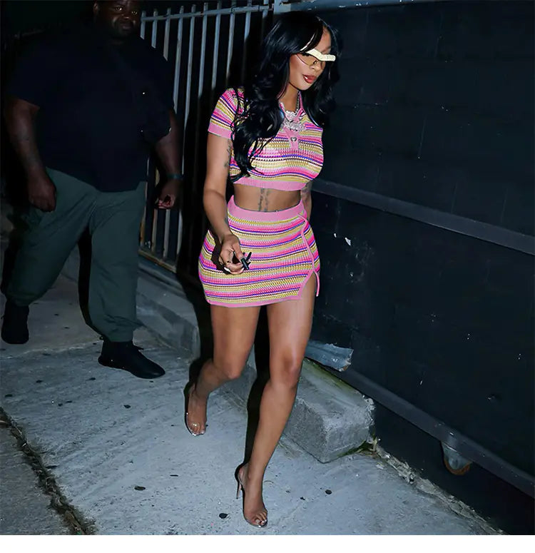 Fashionable Striped Color Block Cropped Dress for Women