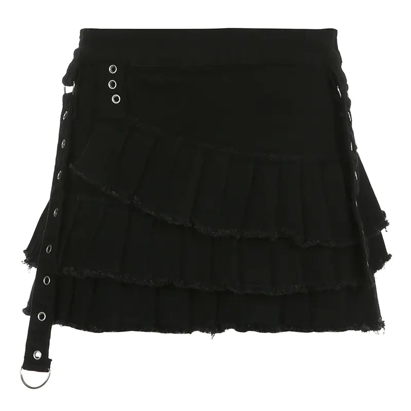Irregular Pleated Denim Skirt with Metal Buckle - ProLector