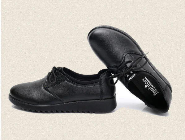 Women's Work Shoes, Flat Black Leather Shoes